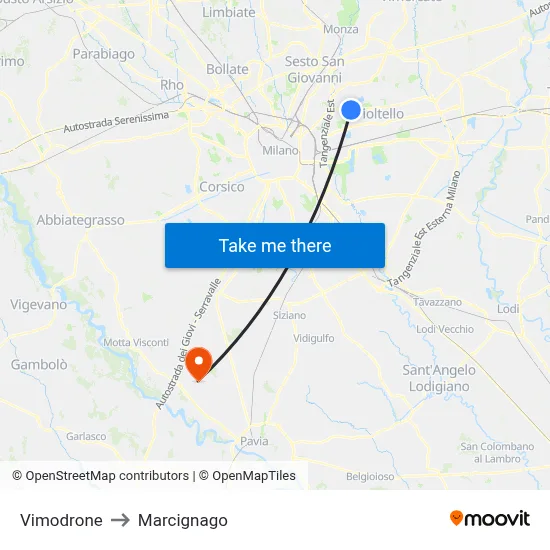 Vimodrone to Marcignago map
