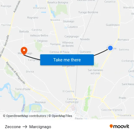Zeccone to Marcignago map