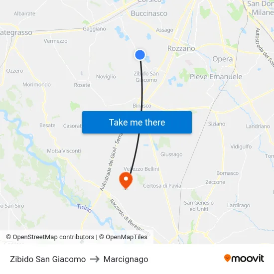 Zibido San Giacomo to Marcignago map