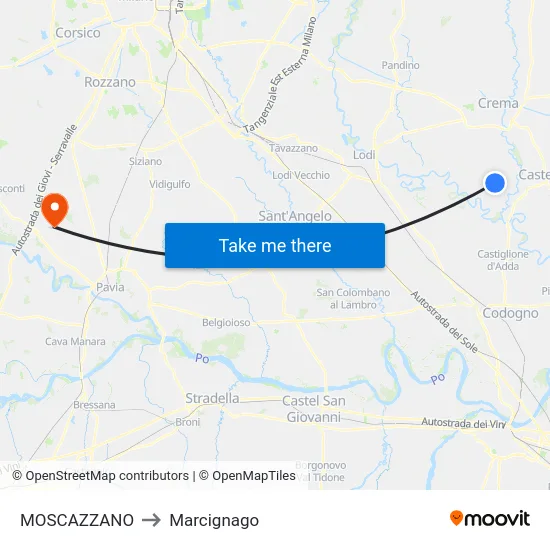 Moscazzano to Marcignago map