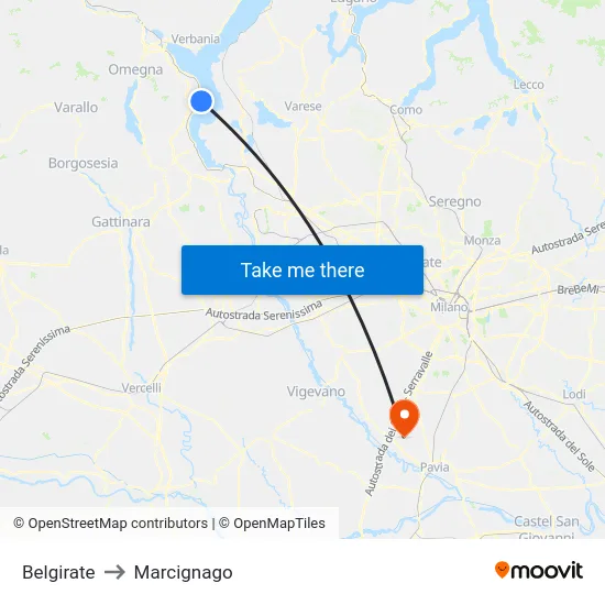 Belgirate to Marcignago map