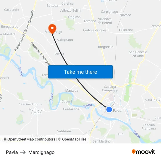 Pavia to Marcignago map