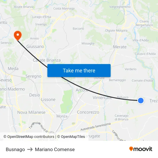 Busnago to Mariano Comense map