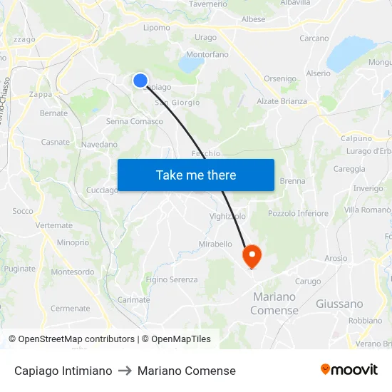 Capiago Intimiano to Mariano Comense map