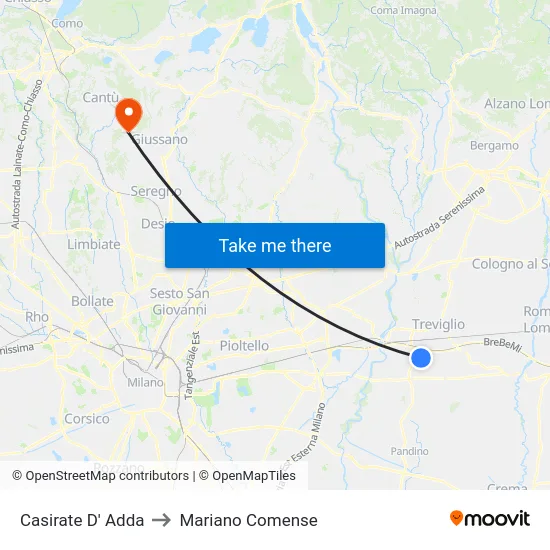 Casirate d'Adda to Mariano Comense map