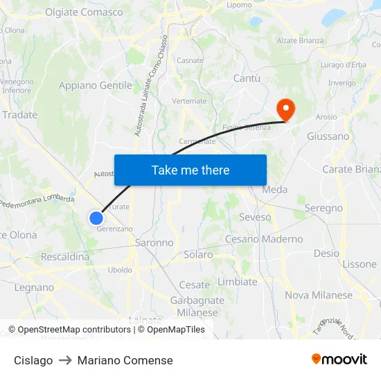 Cislago to Mariano Comense map