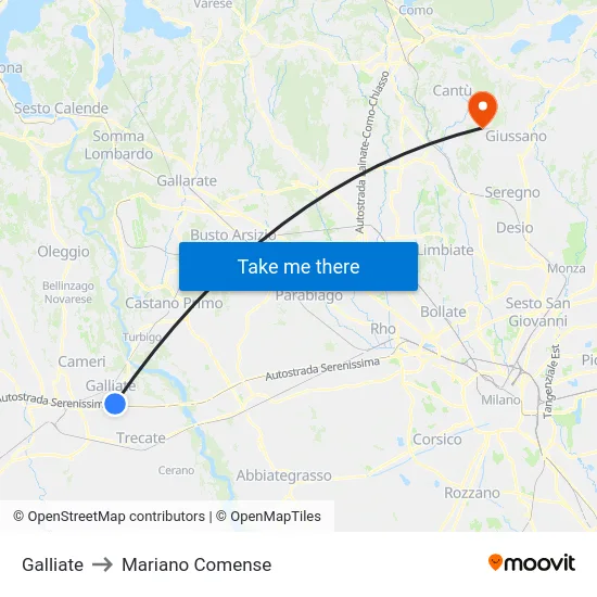 Galliate to Mariano Comense map