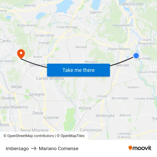 Imbersago to Mariano Comense map