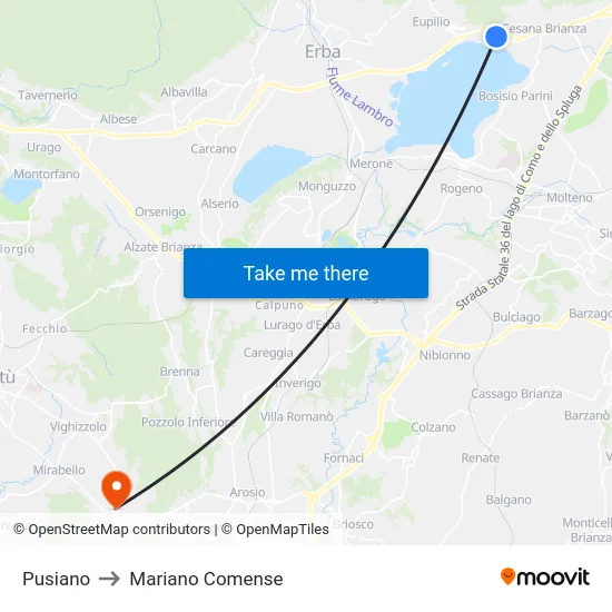 Pusiano to Mariano Comense map