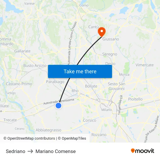 Sedriano to Mariano Comense map
