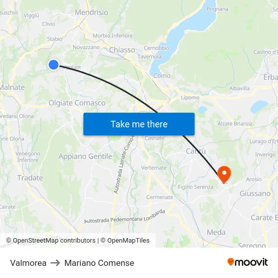 Valmorea to Mariano Comense map
