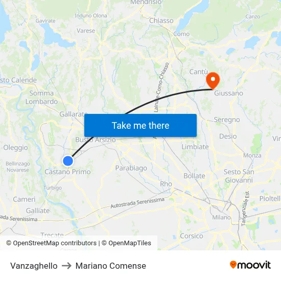 Vanzaghello to Mariano Comense map