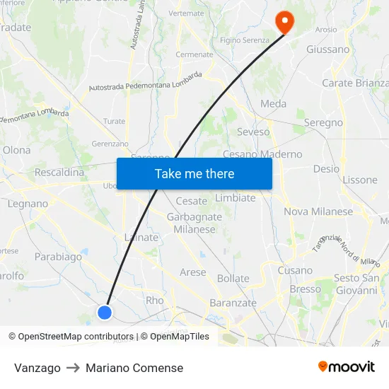 Vanzago to Mariano Comense map