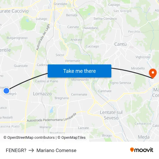 Fenegro to Mariano Comense map