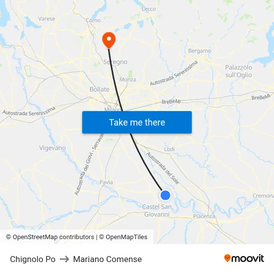 Chignolo Po to Mariano Comense map