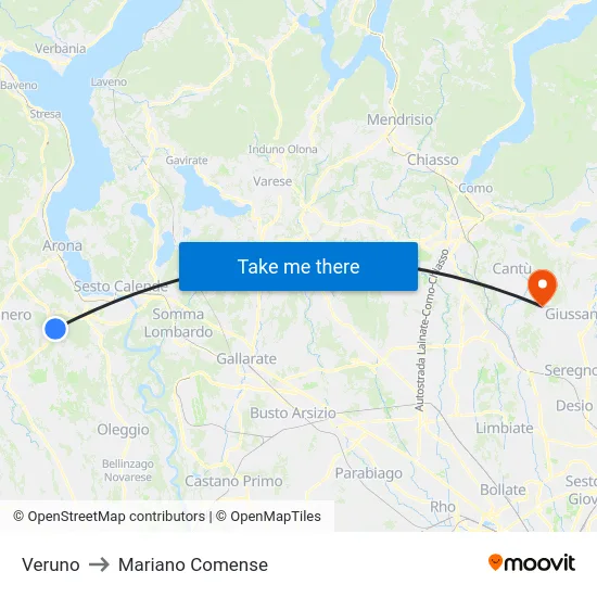 Veruno to Mariano Comense map