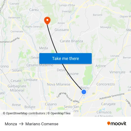 Monza to Mariano Comense map