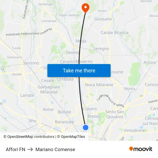 Affori FN to Mariano Comense map