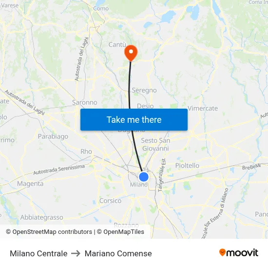 Milan Central to Mariano Comense map