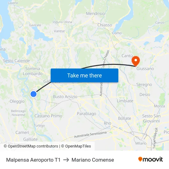 Malpensa Aeroporto T1 to Mariano Comense map