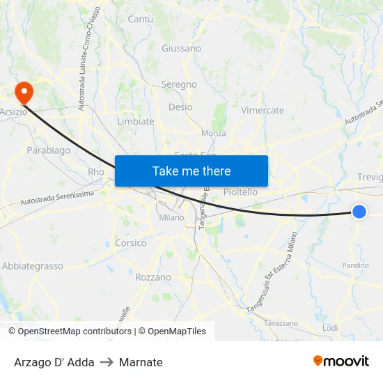 Arzago d'Adda to Marnate map