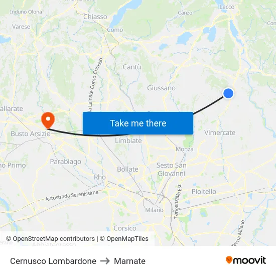 Cernusco Lombardone to Marnate map