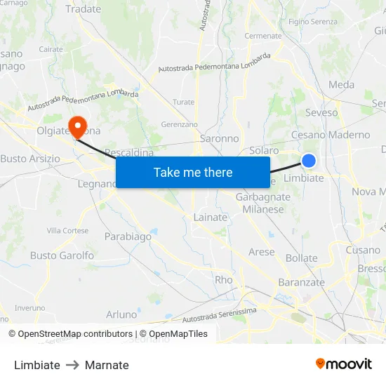 Limbiate to Marnate map