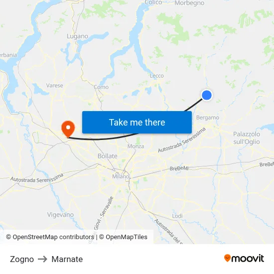 Zogno to Marnate map