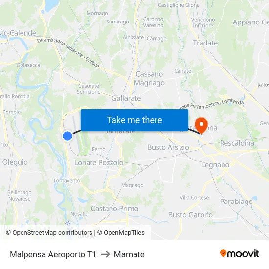 Malpensa Aeroporto T1 to Marnate map
