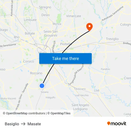 Basiglio to Masate map