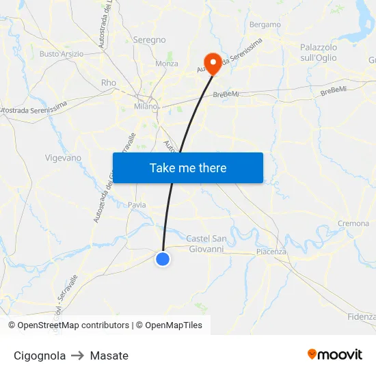 Cigognola to Masate map