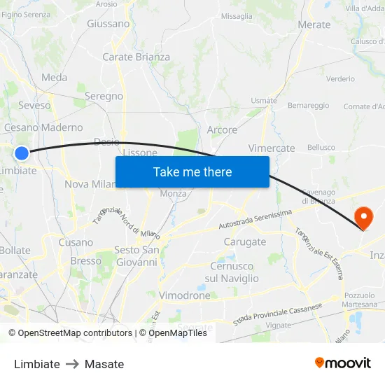 Limbiate to Masate map