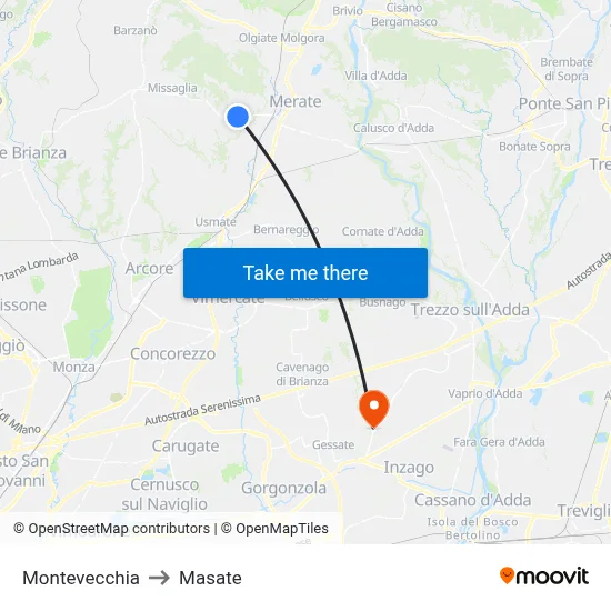 Montevecchia to Masate map