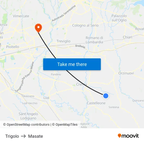 Trigolo to Masate map