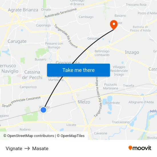 Vignate to Masate map