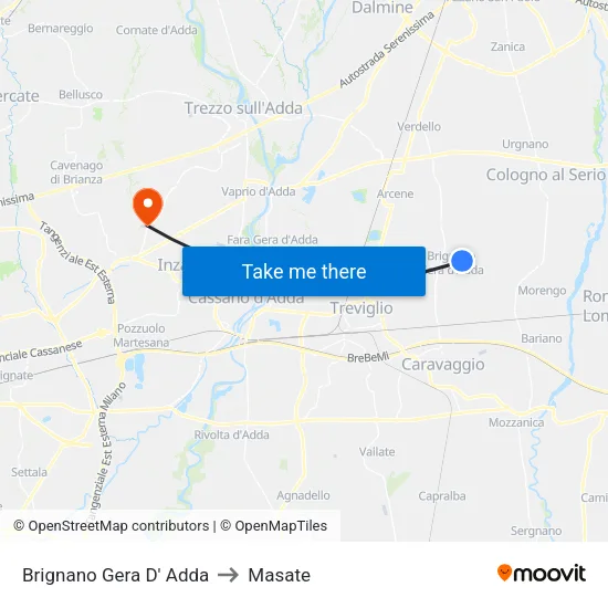 Brignano Gera d'Adda to Masate map