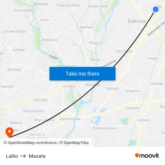 Lallio to Masate map