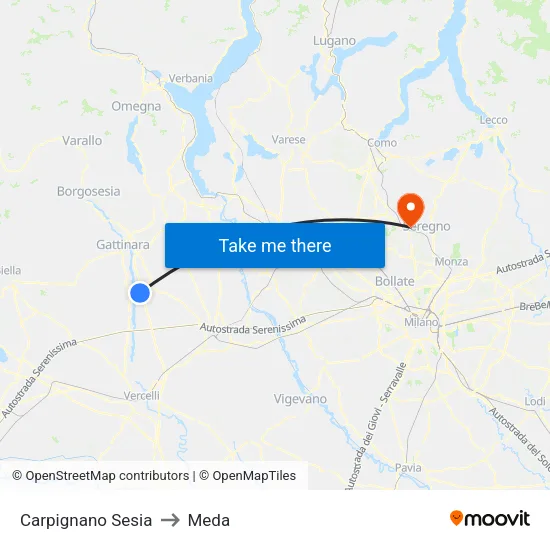 Carpignano Sesia to Meda map