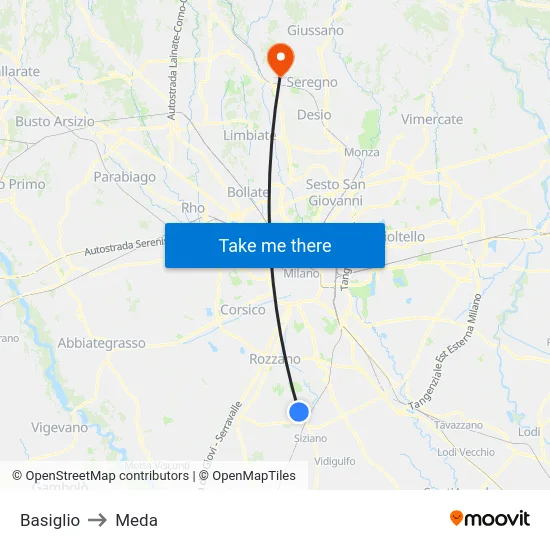 Basiglio to Meda map