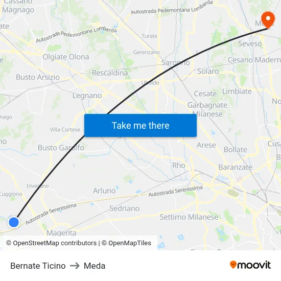 Bernate Ticino to Meda map