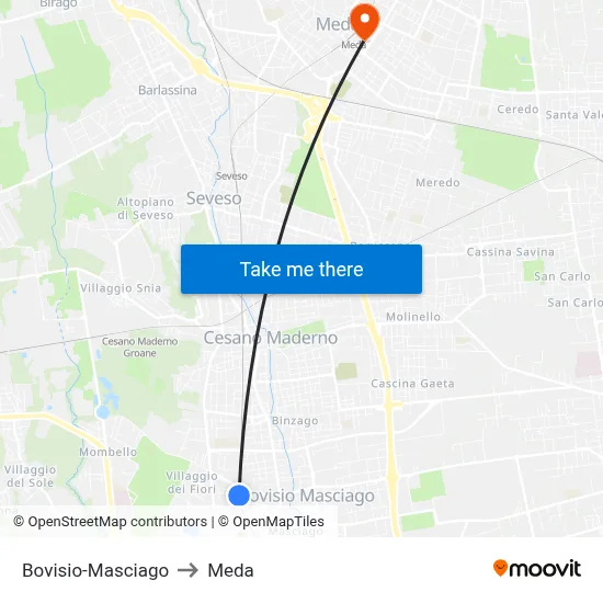 Bovisio-Masciago to Meda map