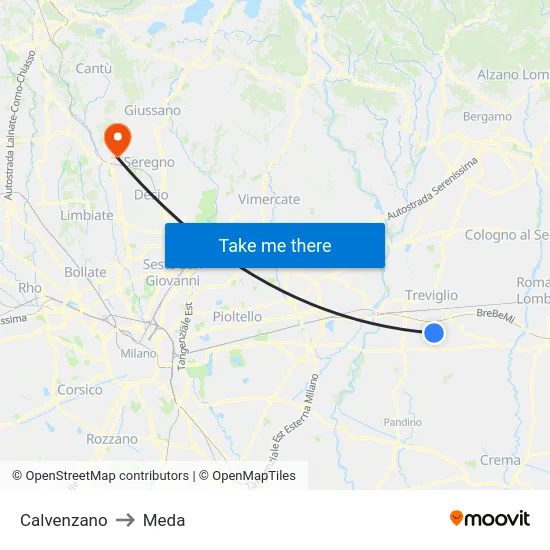 Calvenzano to Meda map