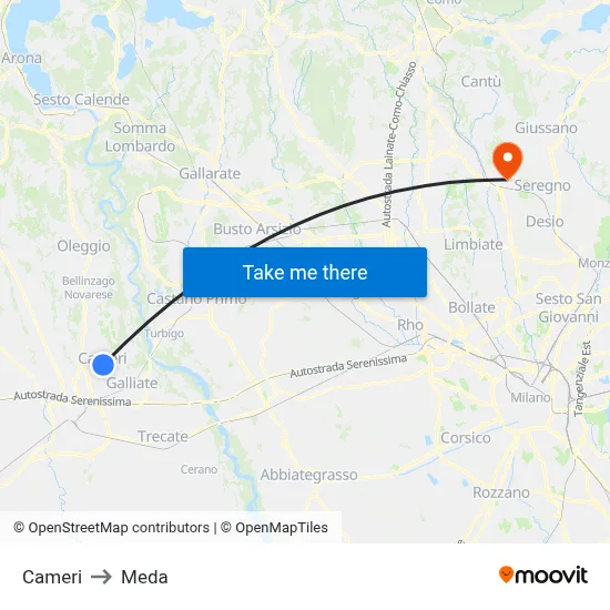 Cameri to Meda map