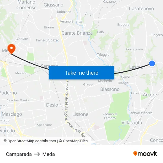 Camparada to Meda map