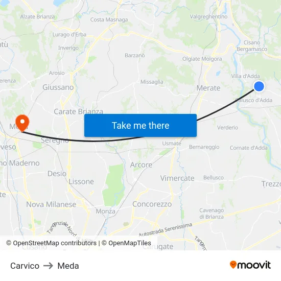 Carvico to Meda map
