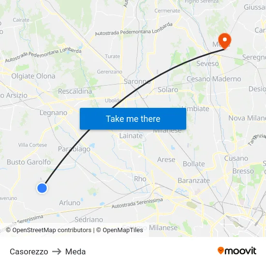 Casorezzo to Meda map