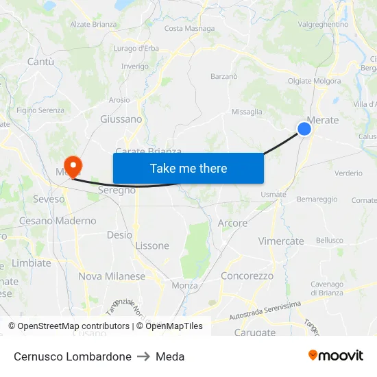 Cernusco Lombardone to Meda map