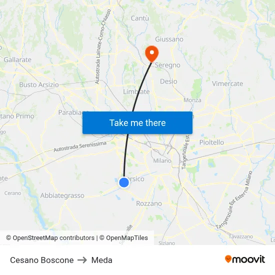 Cesano Boscone to Meda map