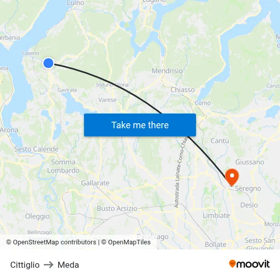 Cittiglio to Meda map