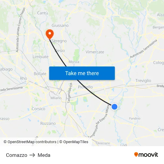 Comazzo to Meda map